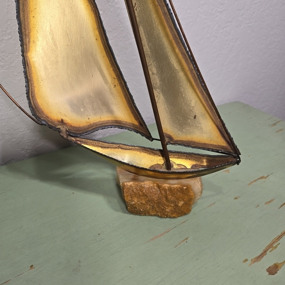 Metal Sailboat Sculpture Brass Copper Quartz Stone Base Signed by Artist Vintage - Picture 2 of 5